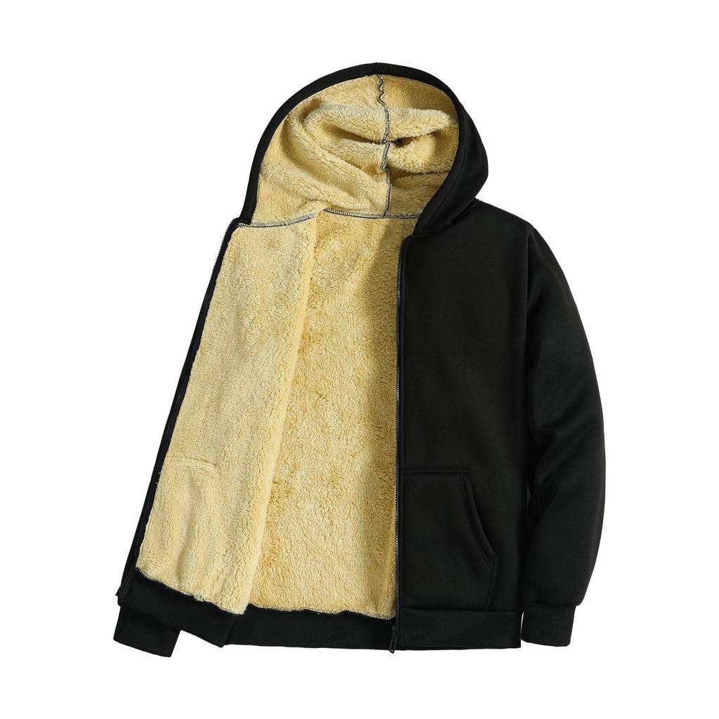 Men's Black Lambswool Thick Winter Hooded Coat with Zipper - Versatile, Loose-Fit Hoodie