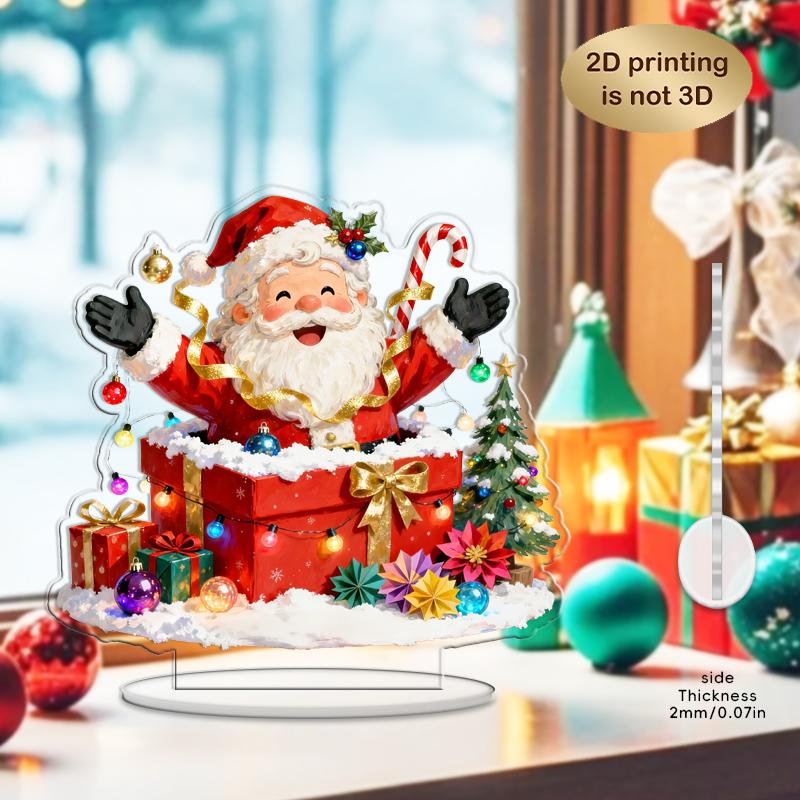 2D Jul Akryl Ornament Jultomten Och Presentaskar Färgtryck Platta Bordsdekorationer för Julklappar