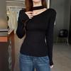 Women's Black Long Sleeve Knit Sweater Top - Halter Neck with Hollow Design, Perfect Slimming Base Layer for Autumn/Winter