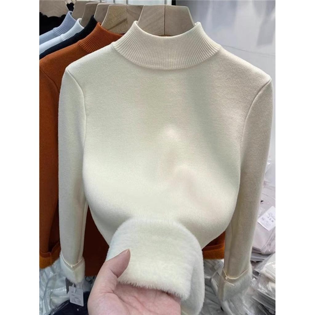 High-end Small Stand-up Collar Stacked To Wear an Integrated Fleece Sweater for Women's Autumn and Winter Basic Milk Ruffle Bottomed Knitted 