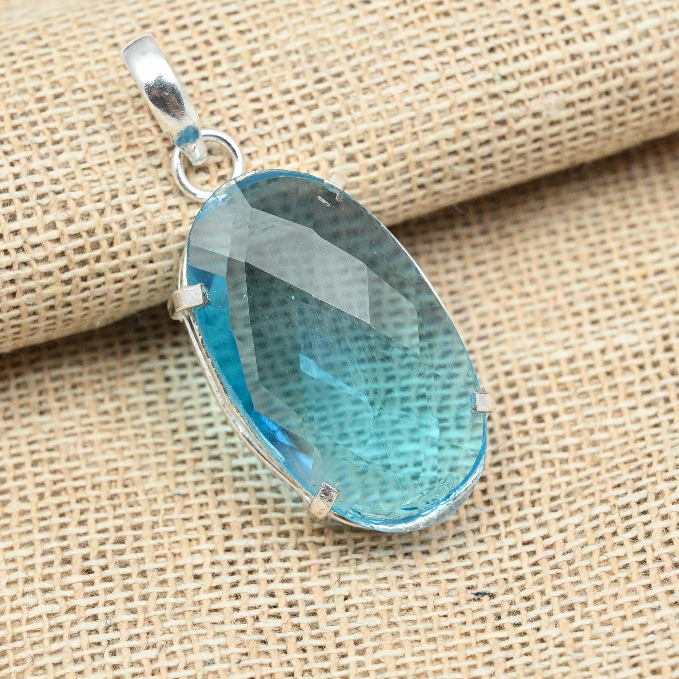 

Кулон овальной формы ручной работы из стерлингового серебра 925 пробы с граненым голубым топазом 1.77 Inches синий