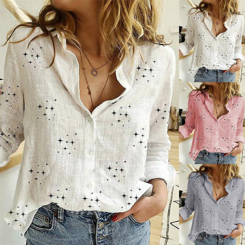 1pc Cotton Linen Casual Lapel Blouses Shirts Elegant Long Sleeve Plus Size Loose Tops Stars Printed Women Shirts Solid Button
