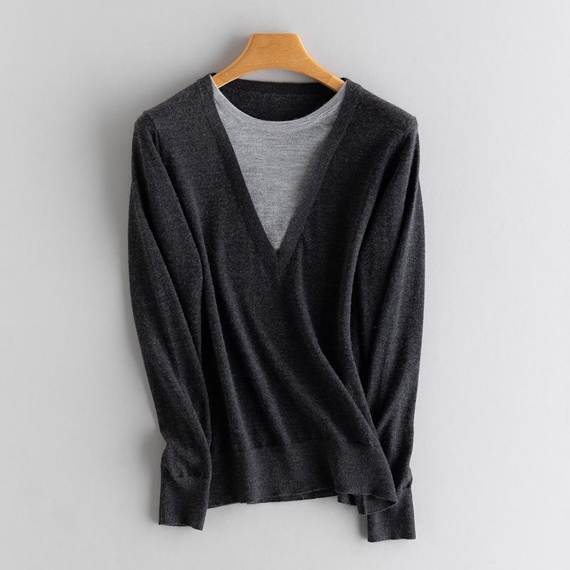 

Women s Urban Style V-Neck Cashmere Sweater - 100% Pure Knit, Faux Two-Piece Design, Lightweight Luxury Pullover Extra Large серый