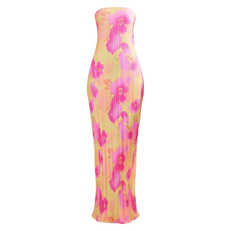 Tube Top Print Pleated Slim Fit Slim Bow Dress S