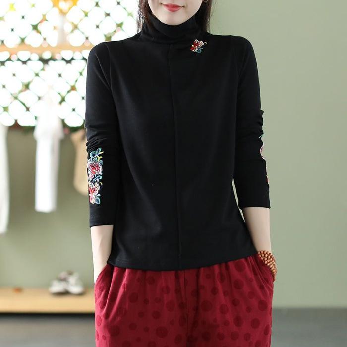 Unterteil für Damen im Herbst und Winter Retro ethnischer Stil Schwerindustrie besticktes Oberteil Langarm Halbochkragen Geschliffenes T-Shirt für Damen