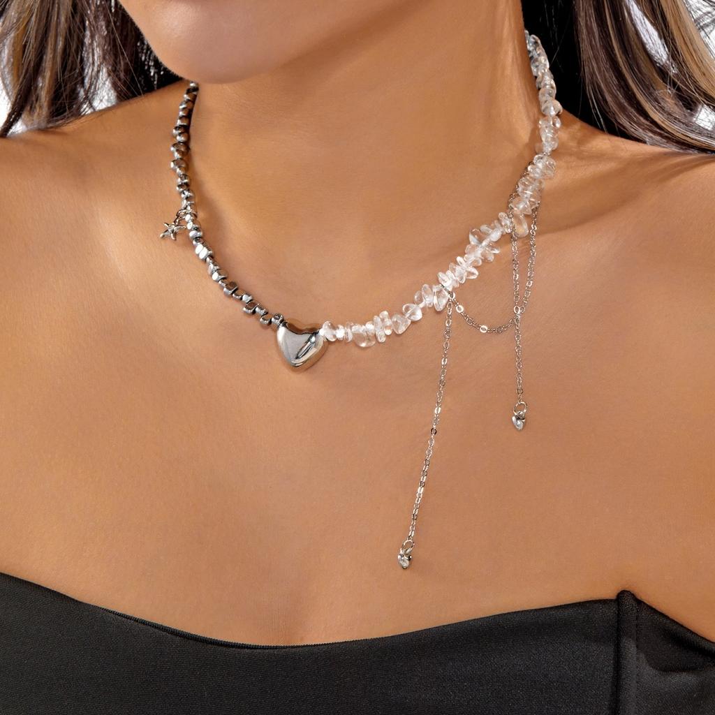 Vintage Heart Star Irregular Stone Beads Chain Tassel Necklace For Women Men Romantic Heart Clavicle Chain Trendy Daily Jewelry