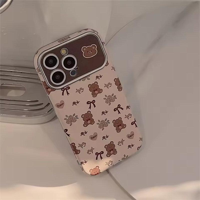 Sött tecknad rosettbjörn lädertextur mobilskal för iPhone17 16 15 14 13 12 11 Pro Max Plus kameralins skyddande stötsäkert fodral