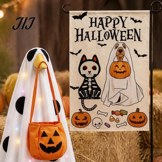 Indoor Party Decoration Halloween Lighted Ghost Porch Goose Outfit And Flag Set for 23 Inch Statue, Pumpkin Candy Bag Accessory Spooky Clothes