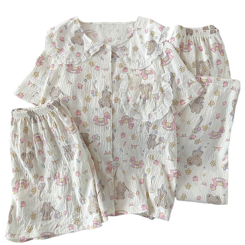 Premium Doll Collar Pajamas Women'S Summer Bear Party Short Sleeve Cloud Cotton Pajamas Women'S Three-Piece Set