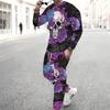 Men Black Background Purple Rose Skull Blue Butterfly Print Long Sleeve Sweatshirt Jogger Pants Two Piece Suit