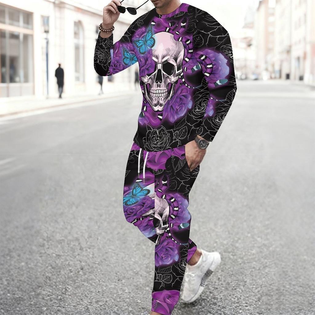 Men Black Background Purple Rose Skull Blue Butterfly Print Long Sleeve Sweatshirt Jogger Pants Two Piece Suit