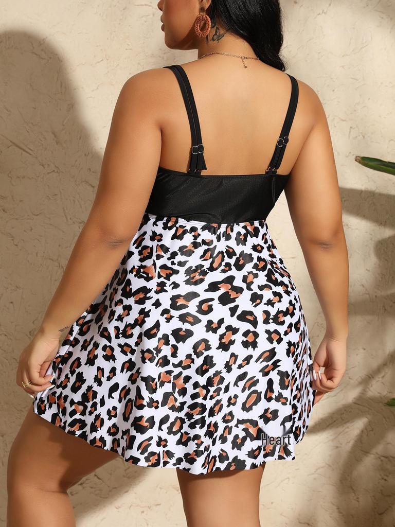 2024 Damen Übergröße Leopardendruck Schlankmachender Bikini mit Rock