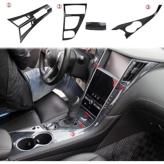 Carbon Fiber Center Console Dashboard Air Vent Gear Cup Holder Panel Cover Trim for Infiniti Q50 Q60 2014-2024