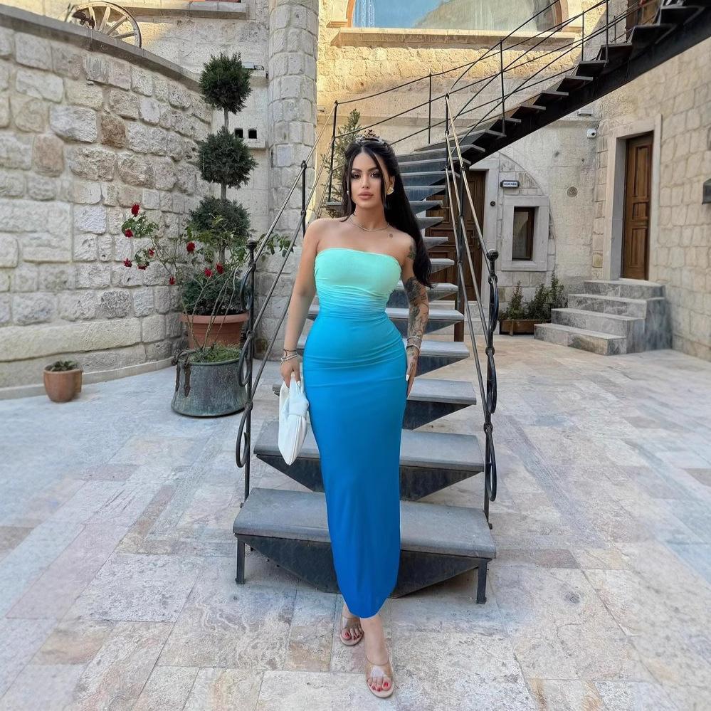 2025 New Trend Summer Slim Fit Sexy Strapless Gradient Color Mid Length One-step Skirt