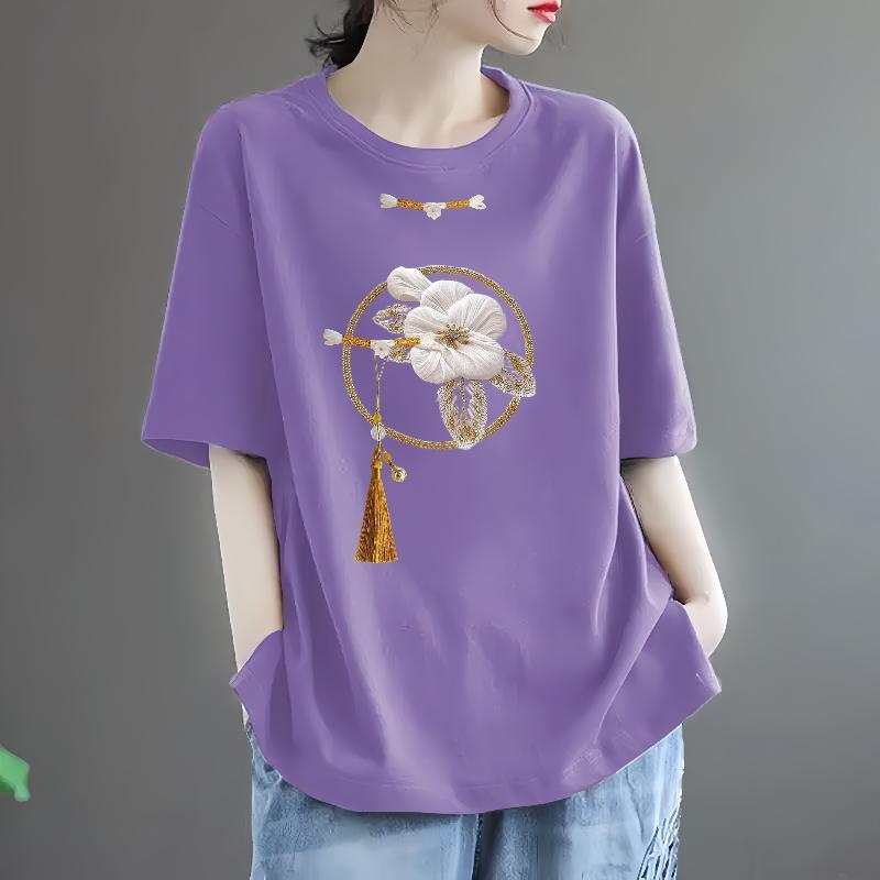 Women Summer Flower embroidery Short Sleeve Casual T-shirts