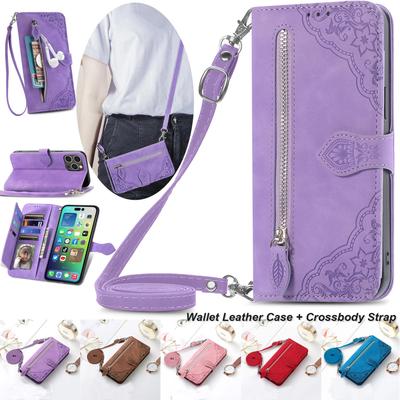 Lanyard Zipper Peněženka Sloty na karty Kožené pouzdro pro iPhone 15 14 13 12 11 Pro Max XR XSMAX 7P 8P Samsung S24 S23 S22 S21 S20 Ultra Plus A13 A53 A14 A54