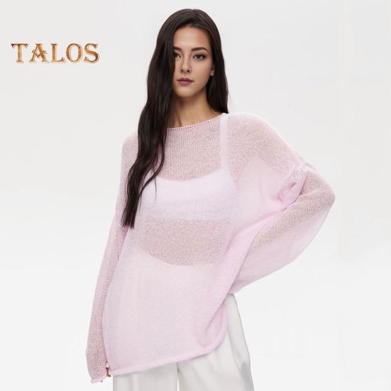 Women Knitting T-shirt Round Neck Flared Long Sleeve Hollow Tee Shirt Solid Color Loose Fit See-through Thin Knitting Tops