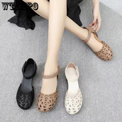 Summer Sandals Women's Embroidered High Heel Leather Shoes Cut-out Retro Thick Heel Sandals