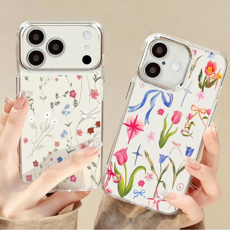 Little Floral Pattern Case For iPhone 17 Pro Max iPhone 16 15 14 13 Pro Max 11 17e 16e Plating Lens Frame Clear Soft Silicone Back Cover