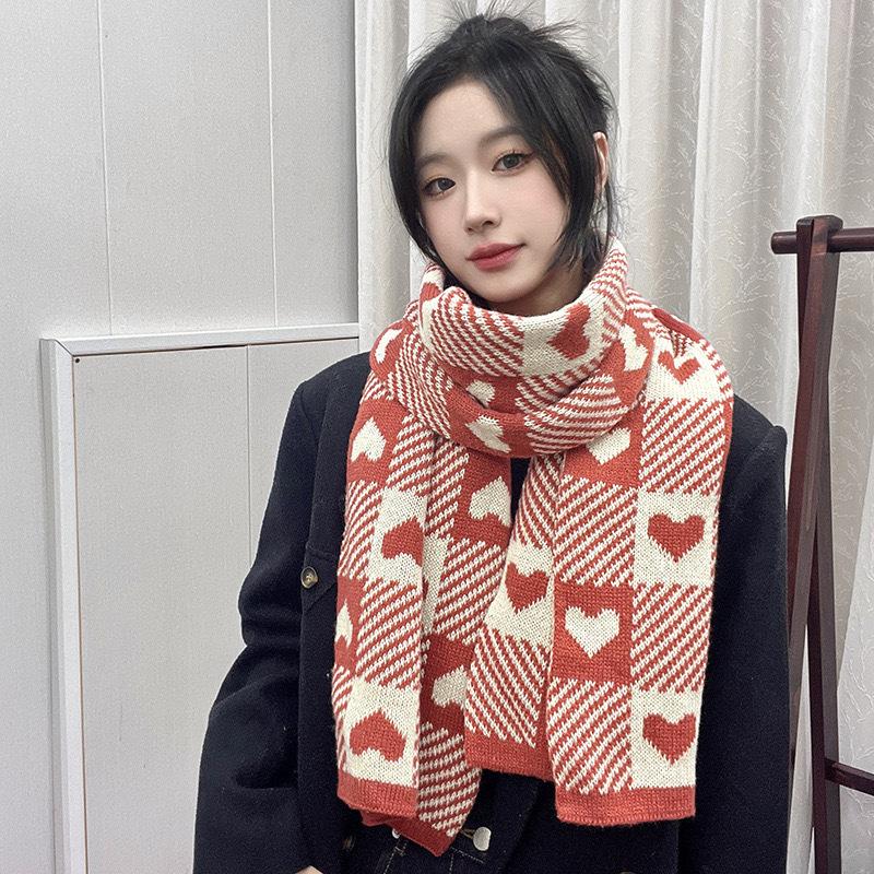 Love double-sided knitted scarf women's winter high-end checkerboard scarf, Korean version of versatile thickened warm scarf