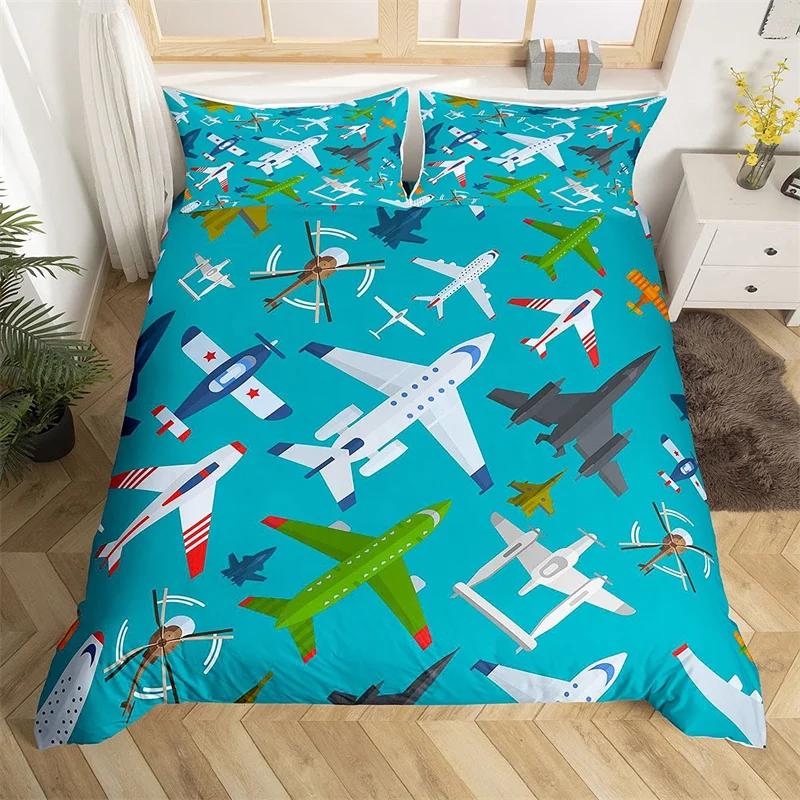 Aircraft Queen Duvet Cover Set Cartoon Airplane Bedding Set Polyester Clouds Stars Moon Print Comforter Cover For Kids Boys Room
