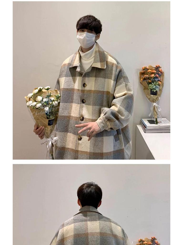 Men's Mid-Length Winter Plaid Wool Coat - Trendy Loose-Fit Windbreaker Jacket