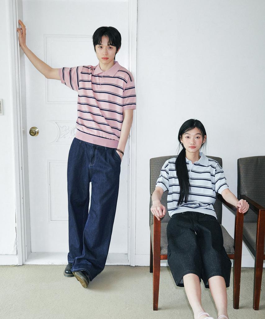 GLW [Unisex] Striped Collar Half Knit Pink
