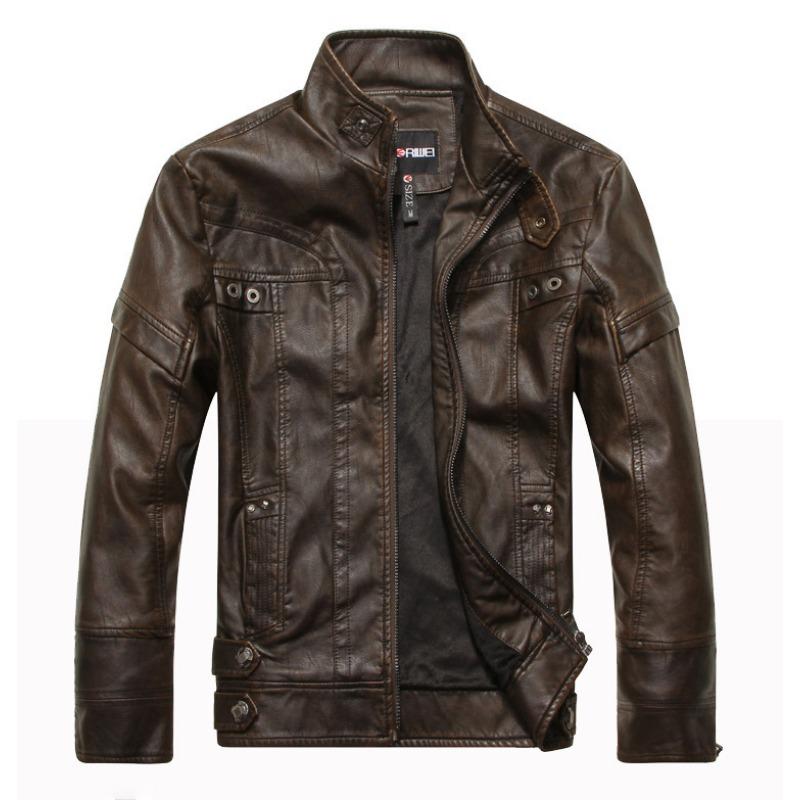 Men's PU Leather Jacket, Fashionable Motorcycle Leather Jacket, Velvet Retro Style Men's Stand Collar Leather Jacket
