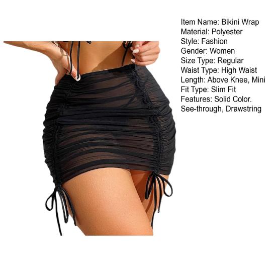Women Mesh Bikini Wrap High Waist Side Drawstring See-through Cover Up Sunscreen