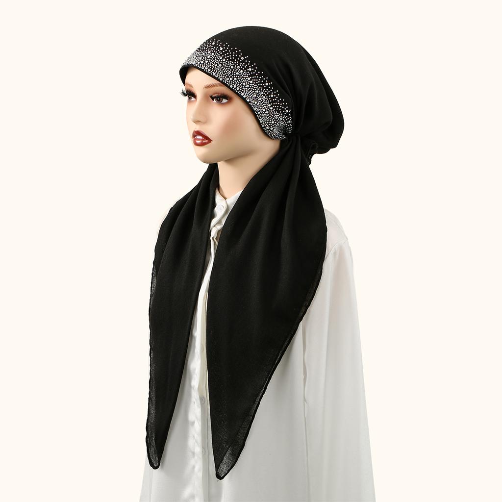Fashion Diamond Cotton Elastic Headband Cap For Woman Stretch Shawl Plain Muslim Hijab Hat Lady Instant Scarf Islamic Turban