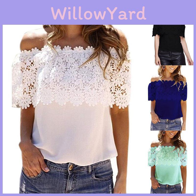 Elegantes Damen-Off-Shoulder-Kurzarm-Spitzen-Lochmuster-Freizeit-T-Shirt-Bluse für Sommerausflüge