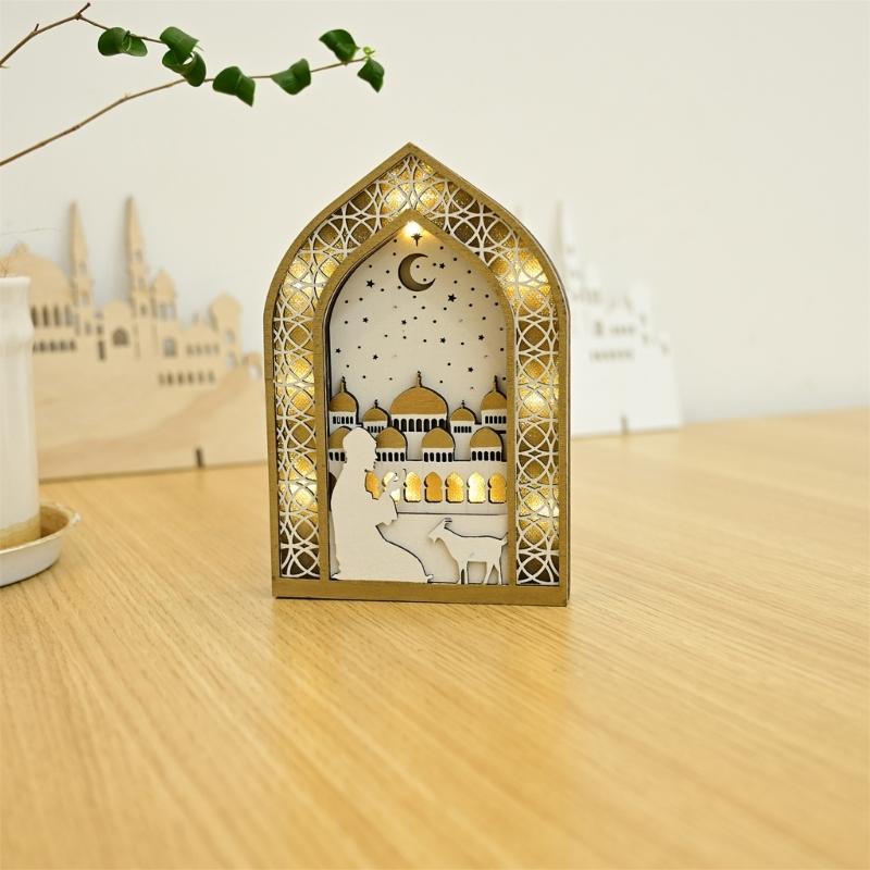 EID Wooden Pendant with LED Light Ornament Islamic Festival Supplies DIY Craft Perfect for Ramazan Home Party Decoration