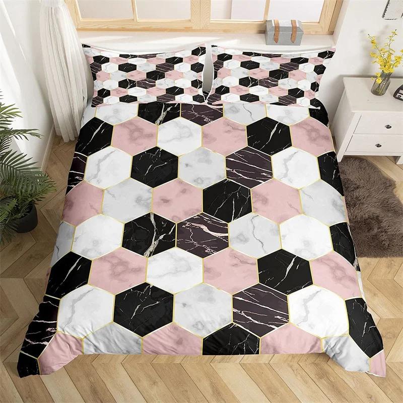 Marble Duvet Cover Set Microfiber Geometric Hexagone Quilt Cover Honeycomb Bedding Set Single King Queen For Kids Teens Adults