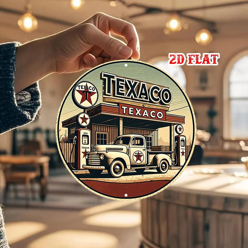 High Definition Metal Tin Sign Texaco Gas Station with Vintage Truck Round Wall Art Decor for Retro Gas Station and Garage Man C 20x20cm(8x8inch)