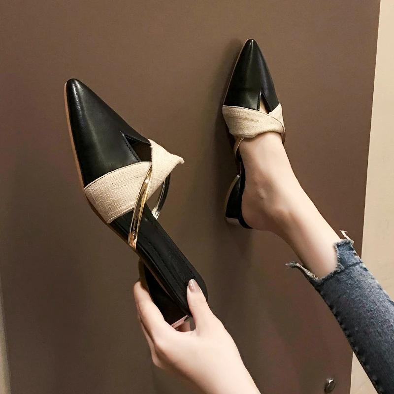 2024 Summer New Classic Mules Shoe Women Slides Pu Leather Cover Toe Outdoor Slipper Square Heel Ladies Pointed Toe Half Slipper