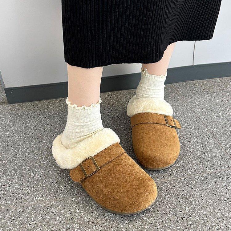 Fleece bag head fluffy Birkenstocks, thickened warm snow half-drag cotton shoes