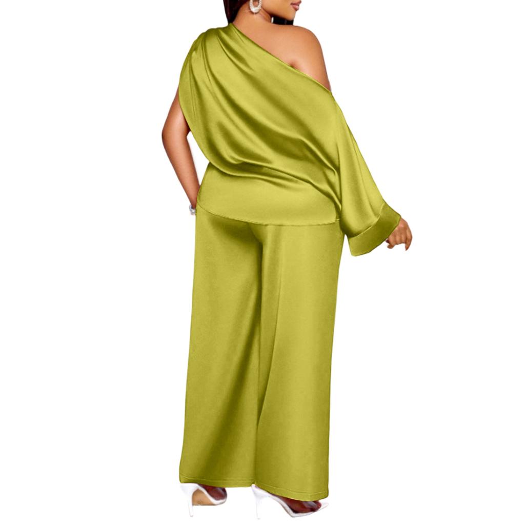 Women's Fashionable Casual Color Satin Asymmetrical Neck Top And Casual Pants Two,Piece Set