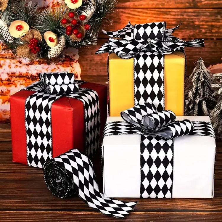 Crafting Ribbon For Holiday Decorations Gift Bowknot Christmas Tree Ornament Durable Polyester Fabric Black White Design