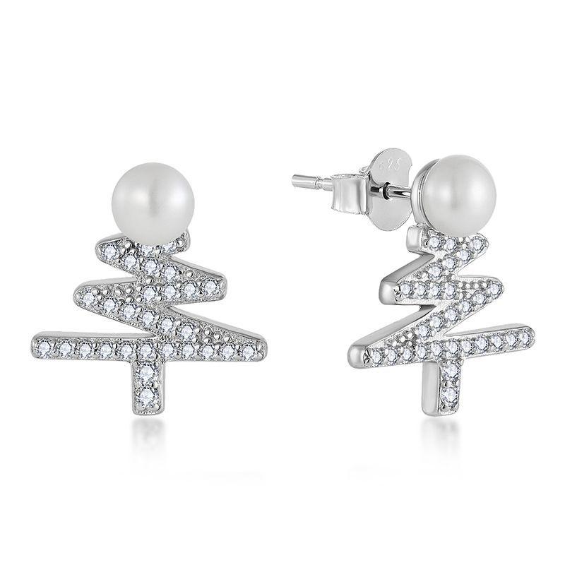 S925 Sterling Silver Christmas Tree Zircon Freshwater Pearl Stud Earrings - Light Luxury, Simple, Fashionable Design 925 Silver