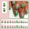 24 Pcs French Tip Press On Nail Short Square Stick on Nail Glittering Artificial Nail Saint Patricks Day False Nail