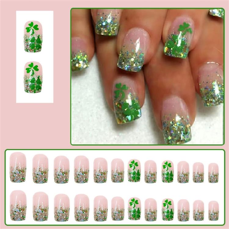 24 Pcs French Tip Press On Nail Short Square Stick on Nail Glittering Artificial Nail Saint Patricks Day False Nail