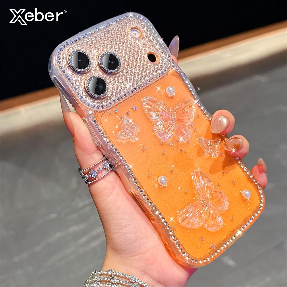 Glitter Rhinestone Shiny 3D Butterfly Case For iPhone 17 16 15 14 13Pro Max Plus Air Diamond Bling Sparkle Lens Film Clear Cover