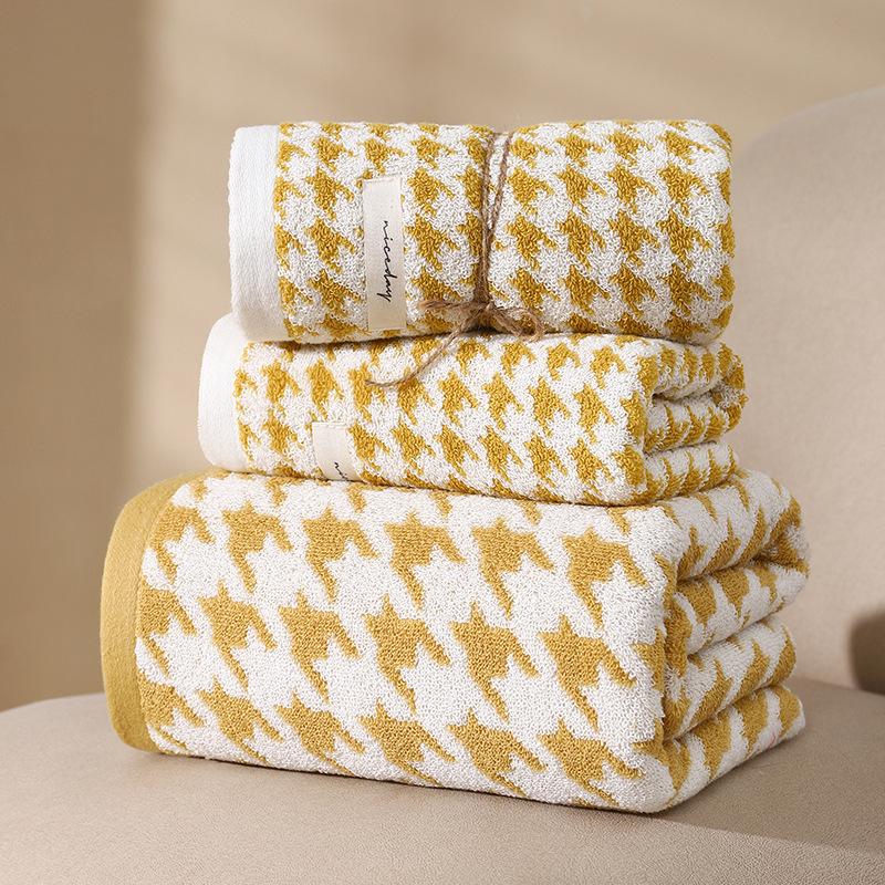 Ensemble Serviette de Bain & Visage à Carreaux Rétro Florale - Doux, Absorbant, Serviettes Couple Style Simple