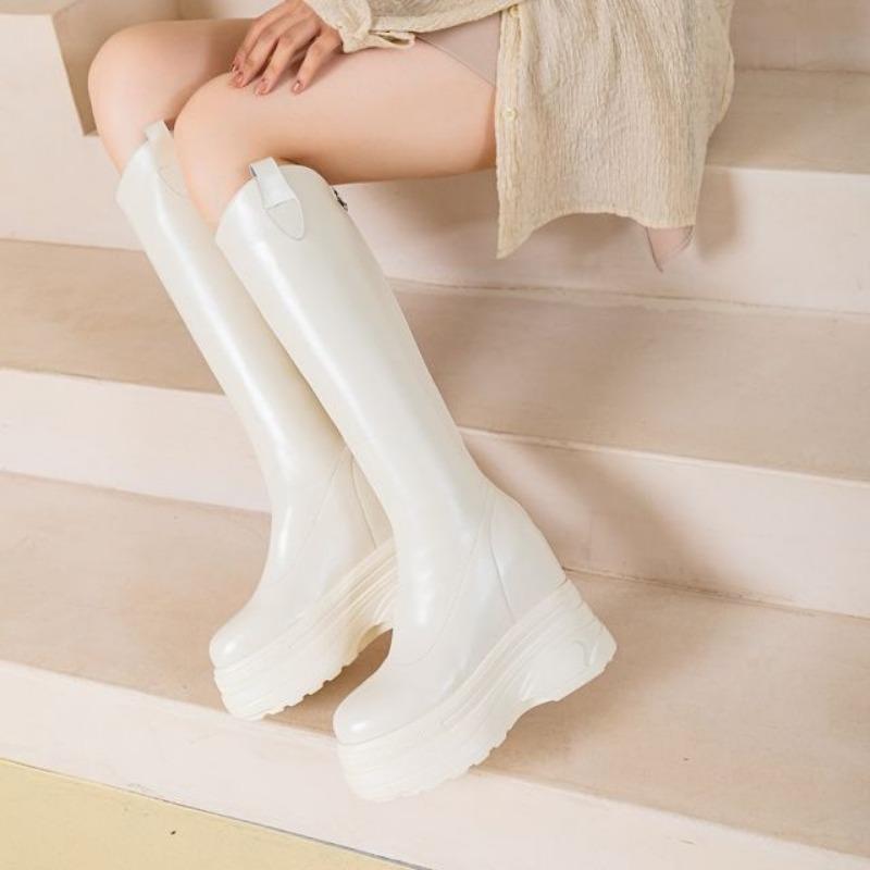 Fashion 11CM Microfiber Genuine Leather Platform Wedges Knee High Boots Woman Plush Modern Hidden Heel Winter Autumn Shoes Plush