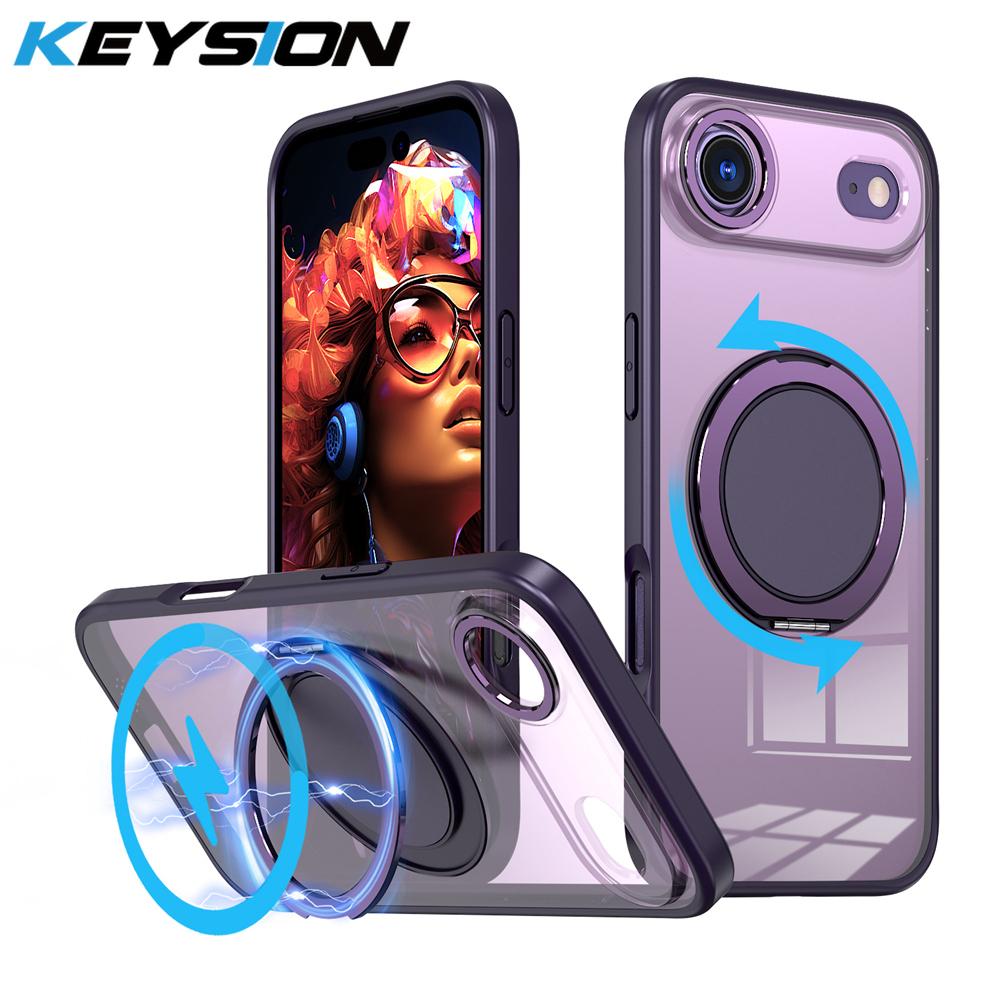 KEYSION Shockproof Matte Transparent Case for MagSafe for iPhone 17 17 Air 360° Rotating Magnetic Ring Stand Phone Back Cover