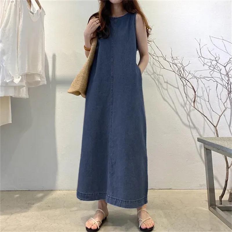 Fashion Long Skirt, Round Neck, No Cuff Pockets, Loose Long Vest, Denim Robe Dress, Women's Denim Skirt with Pockets
