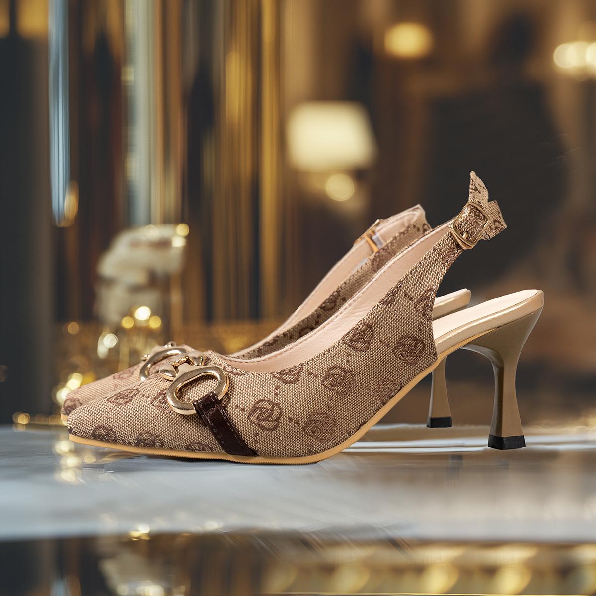 

Fashion thin heel light mouth empty high heel single shoes retro old flower decorative buckle comfortable commuter high heel sandals women 42 хакі