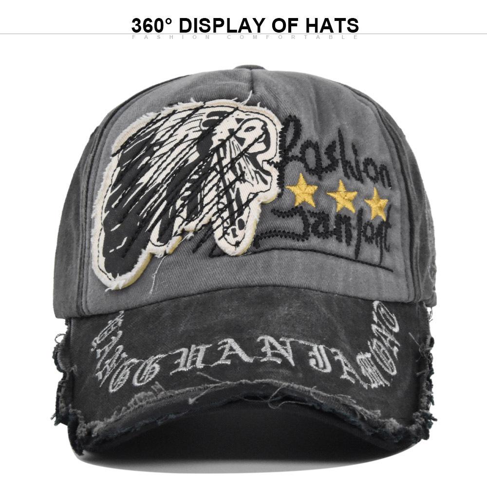 Vintage Skull Embroidered Baseball Cap with Appliqué, Washed and Distressed Visor Cap, Curved Brim Hat