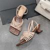 Hollow Women Rome Sandals Square Toe High Heels Shoes Designer 2025 Summer New Weave  Elegant Party Pumps Sandalias