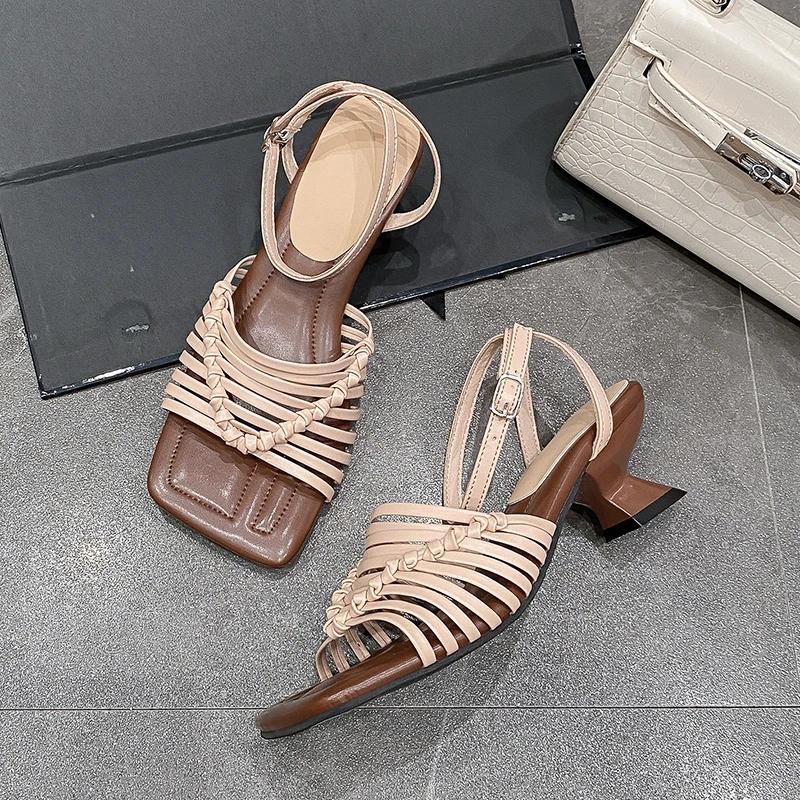 Hollow Women Rome Sandals Square Toe High Heels Shoes Designer 2025 Summer New Weave  Elegant Party Pumps Sandalias